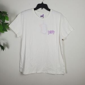 NEW Yitty Oversized White T Shirt Purple Logo Women's Size Small Comfy